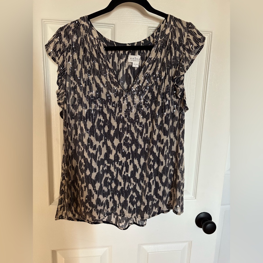 Velvet Black and Cream Patterned Sequin Blouse